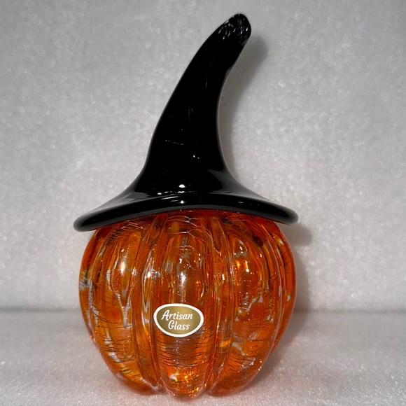 Orange Crackle Artisan Glass Pumpkin with Black Witches Hat - Picture 1 of 5
